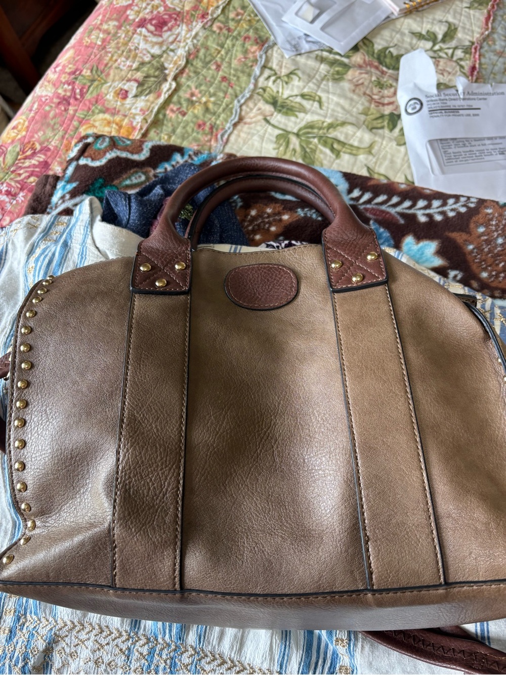 Source Unknown Brown Faux Leather Satchel with Gold Studs